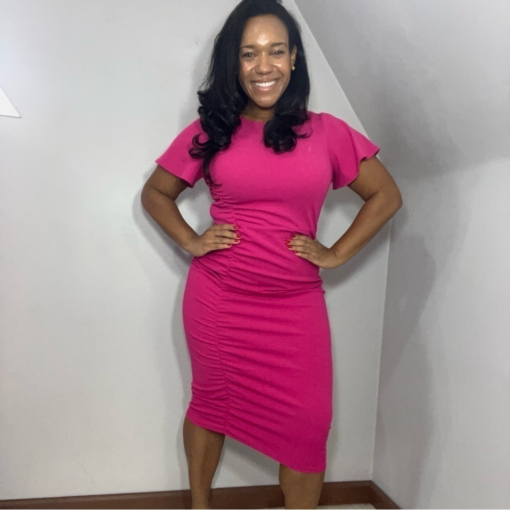 Rachel Roy pink midi dress flutter sleeve fitted bodycon fuchsia dress barbie
